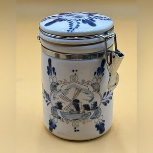 Blue white crockery canister windmill